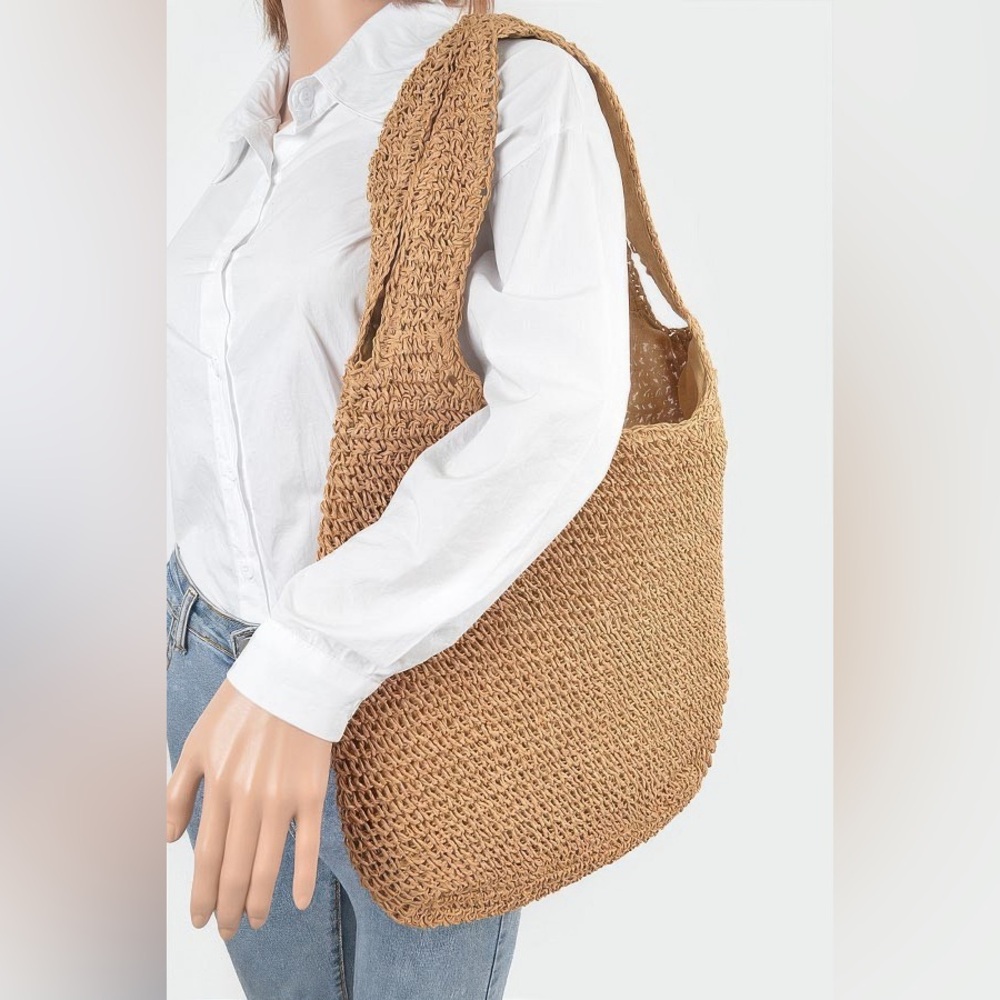 Tan Woven Straw Hobo Tote Bag - Picture 2 of 4